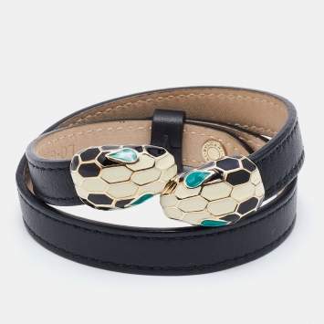 Bvlgari Serpenti Forever Black Leather Enamel Gold Tone Wrap Bracelet