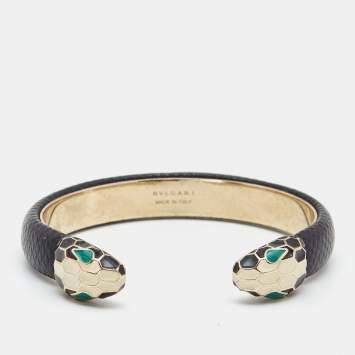 Bvlgari Serpenti Forever Enamel Leather Gold Tone Open Cuff Bracelet 