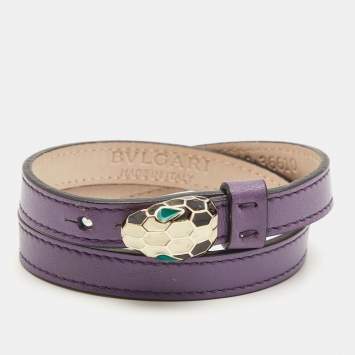 Bvlgari Serpenti Forever Purple Leather Enamel Gold Tone Double Wrap bracelet 