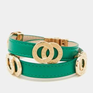 Pre Owned Bvlgari Green Leather Gold Tone Double Wrap Bracelet 