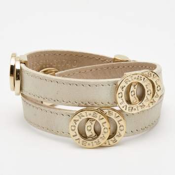 Pre Owned Bvlgari Interlocking Circles Leather Gold Tone Double Wrap Bracelet