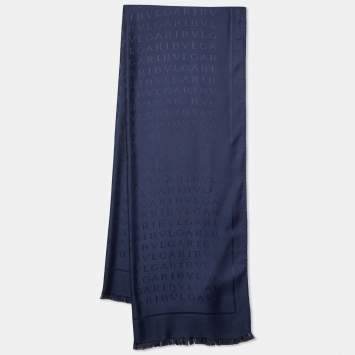 Pre Owned Bvlgari Navy Blue Jacquard Wool Blend Logomania Fringed Scarf
