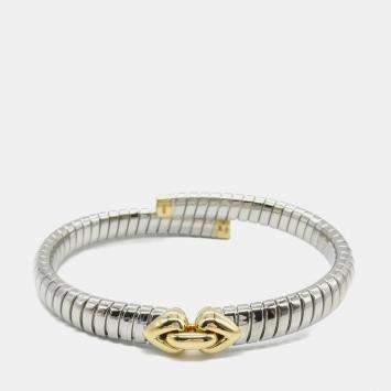 Bvlgari Stainless Steel and 18K Yellow Gold Tubogas Hearts Open Flex Bangle