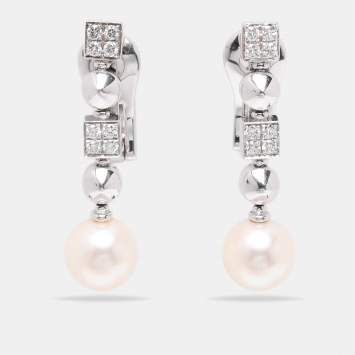 Pre Owned Bvlgari 18K White Gold Diamond Pearl Lucia Pierced Earrings