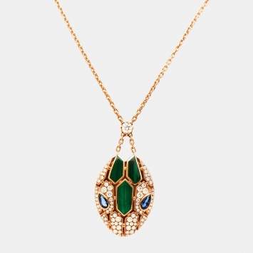 Pre Owned Bvlgari Serpenti Seduttori Diamond Malachite Blue Sapphire 18K Rose Gold Pendant Necklace