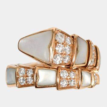 مملوكة مسبقًا Bvlgari 18K Rose Gold Pave Diamonds White Mother of Pearl Viper Ring US 6