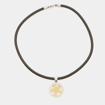 Pre Owned Bvlgari Tondo Sakura Flower Stainless Steel 18k Yellow Gold Pendant Cord Necklace