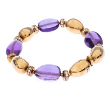Pre Owned Bvlgari Diamond Amethyst 18k Yellow Gold Beaded Bracelet 
