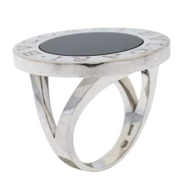 Pre Owned Bvlgari Onyx Inlay 18K White Gold Circular Ring Size 52