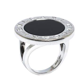 Pre Owned Bvlgari Onyx Inlay 18K White Gold Circular Ring Size 52