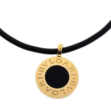 Pre Owned Bvlgari Black Onyx 18K Yellow Gold & Stainless Steel Reversible Pendant Leather Necklace
