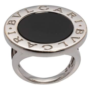 Pre Owned Bvlgari Onyx Inlay 18K White Gold Circular Ring Size 52