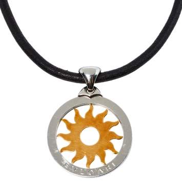 Pre Owned Bvlgari Tondo Sun 18K Gold & Stainless Steel Pendant Cord Necklace