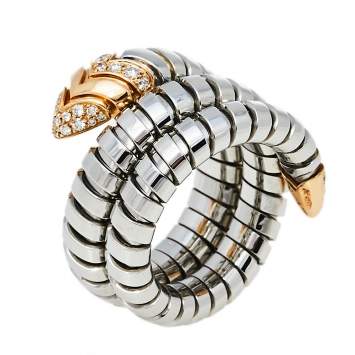 Pre Owned Bvlgari Serpenti Tubogas 18K Rose Gold Stainless Steel Double Spiral Ring Size 50.5