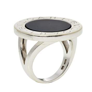Pre Owned Bvlgari Onyx Inlay 18k White Gold Circular Ring Size 55