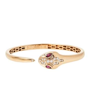 Pre Owned Bvlgari Serpenti Rubelite Diamond 18K Rose Gold Open Cuff Bracelet S