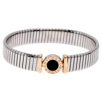 Pre Owned Bvlgari Tubogas Onyx 18K Rose Gold Steel Cuff Bracelet L