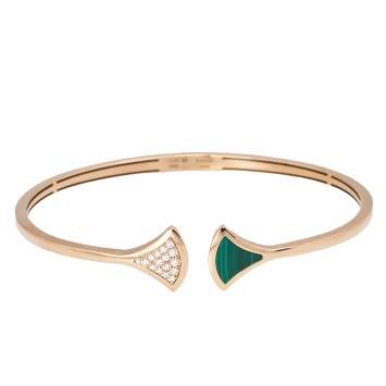 Pre Owned Bvlgari Divas' Dream Malachite Diamond 18k Rose Gold Open Cuff Bracelet L