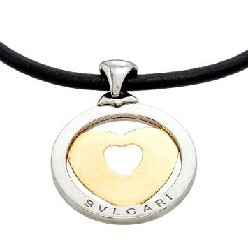 Pre Owned Bvlgari Tondo Heart 18K Yellow Gold & Stainless Steel Large Pendant Cord Necklace