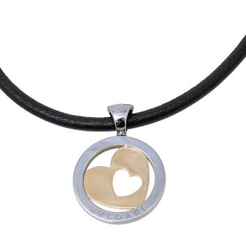 Pre Owned  Bvlgari Tondo Heart 18k Yellow Gold & Stainless Steel Pendant Leather Cord Necklace