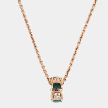 Pre Owned Bvlgari Serpenti Viper Diamond Malachite 18K Rose Gold Pendant Necklace