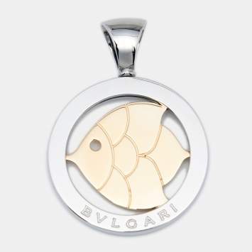 Pre Owned Bvlgari Tondo Fish Motif 18K Yellow Gold Stainless Steel Pendant