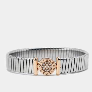 Pre Owned Bvlgari Tubogas Diamond 18K Rose Gold Stainless Steel Cuff Bracelet M