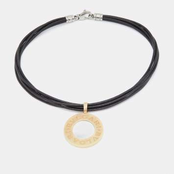 Pre Owned Bvlgari Bvlgari Onyx Mother of Pearl Stainless Steel 18k Yellow Gold Black Leather Cord Pendant Necklace