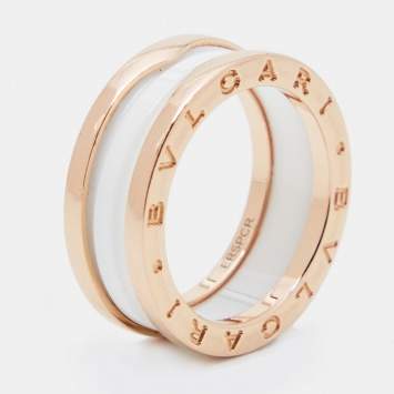 Pre Owned Bvlgari B.Zero1 White Ceramic 18k Rose Gold 2-Band Ring Size 56