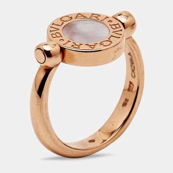 Pre Owned Bvlgari Bvlgari Mother of Pearl Onyx 18k Rose Gold Flip Ring Size 51