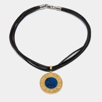 Pre Owned Bvlgari Tondo Lapis Lazuli Onyx 18k Yellow Gold Stainless Steel Leather Cord Pendant Necklace