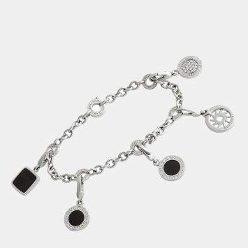 Pre Owned Bvlgari 18K White Gold Diamond and Onyx Charm Bracelet