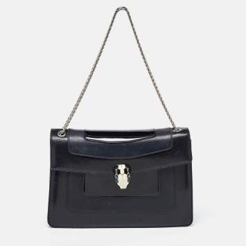 Pre Owned Bvlgari Black Leather and Patent Leather Medium Serpenti Forever Flap Shoulder Bag