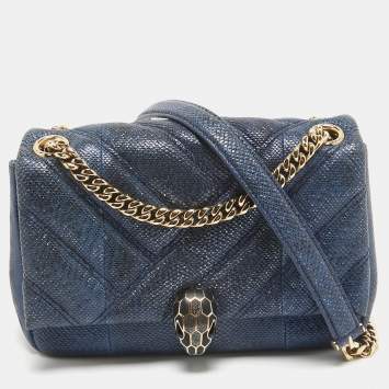 Pre Owned Bvlgari Navy Blue Shimmering Karung Leather Small Serpenti Cabochon Shoulder Bag