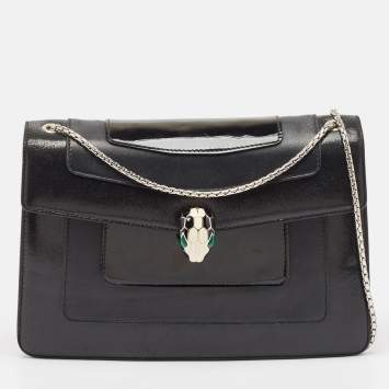 Pre Owned Bvlgari Black Leather and Patent Leather Medium Serpenti Forever Flap Shoulder Bag