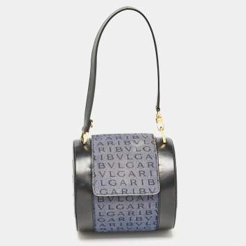 Bvlgari Blue/Black Logo Denim and Leather Cylinder Bag