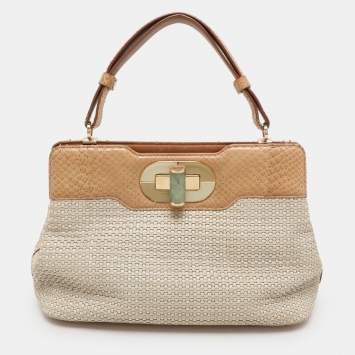 Bvlgari Beige/Brown Woven Leather and Python Isabella Rossellini Top Handle Bag