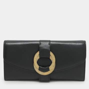 Bvlgari Black Leather Double Ring Flap Continental Wallet