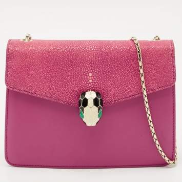 Pre Owned Bvlgari Fuchsia Stingray and Leather Small Serpenti Forever Crossbody Bag