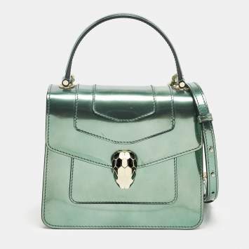 Pre Owned Bvlgari Green Patent Leather Small Serpenti Forever Top Handle Bag