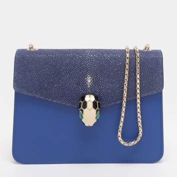 Pre Owned Bvlgari Blue Stingray and Leather Serpenti Forever Shoulder Bag