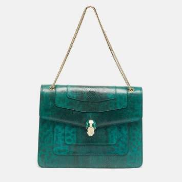 Pre Owned Bvlgari Serpenti Forever Large Green Karung Leather Shoulder Bag