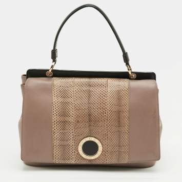 Pre Owned Bvlgari Duet Brown/Beige Leather and Snakeskin Top Handle Bag