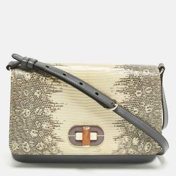 Pre Owned Bvlgari Icona Grey/Cream Lizard Skin and Leather Shoulder Bag