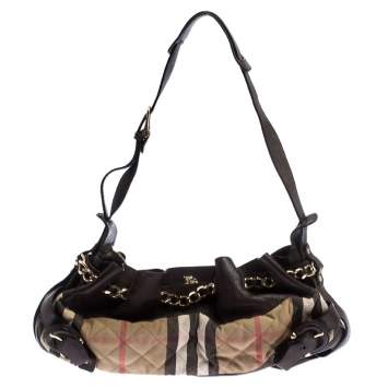 Pre Owned Burberry Brown/Beige Leather and Quilted House Check Margaret Shoulder Bag