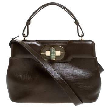 Pre Owned Bvlgari Olive Green Leather Isabella Rossellini Top Handle Bag