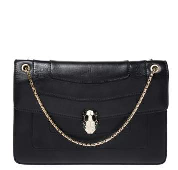 Pre Owned Bvlgari Black Leather Medium Serpenti Forever Flap Shoulder Bag