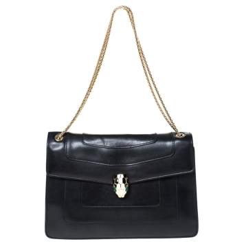 Pre Owned Bvlgari Black Leather Medium Serpenti Forever Flap Shoulder Bag