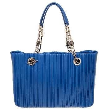 Pre Owned Bvlgari Royal Blue Leather Monte Plisse Shopper Tote