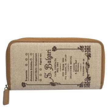 Pre Owned Bvlgari Beige/Brown Printed Coated Canvas Zip Around Wallet